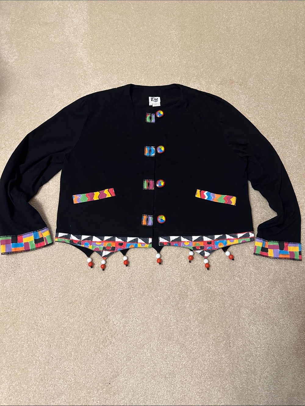 LRWDesigns Black Cropped Jacket with Rainbow Trim and Bead Tassels size L